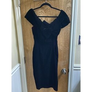 Vintage 1960s Topaz Black Velvet Type Cocktail Dress Off Shoulder Flower Size 4